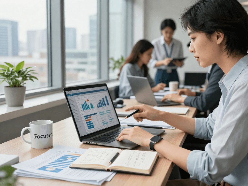 Analyserar företagslån och affärsfinansiering i en modern kontorsmiljö.