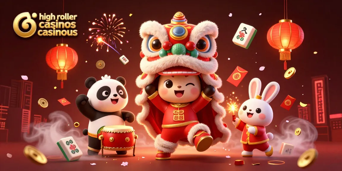 Experience high roller casinos casinous through a vibrant illustration of a lion dance with festive elements.