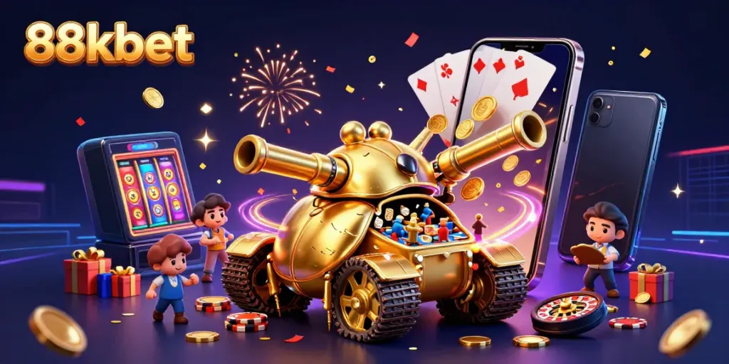 Experience the excitement of 88kbet with a colorful casino-themed illustration showcasing vibrant gameplay elements and dynamic visuals.