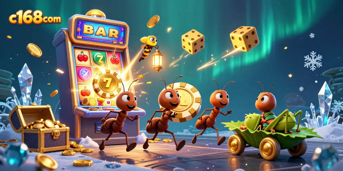Win big with c168com in an exciting online casino heist scene featuring playful ant characters.
