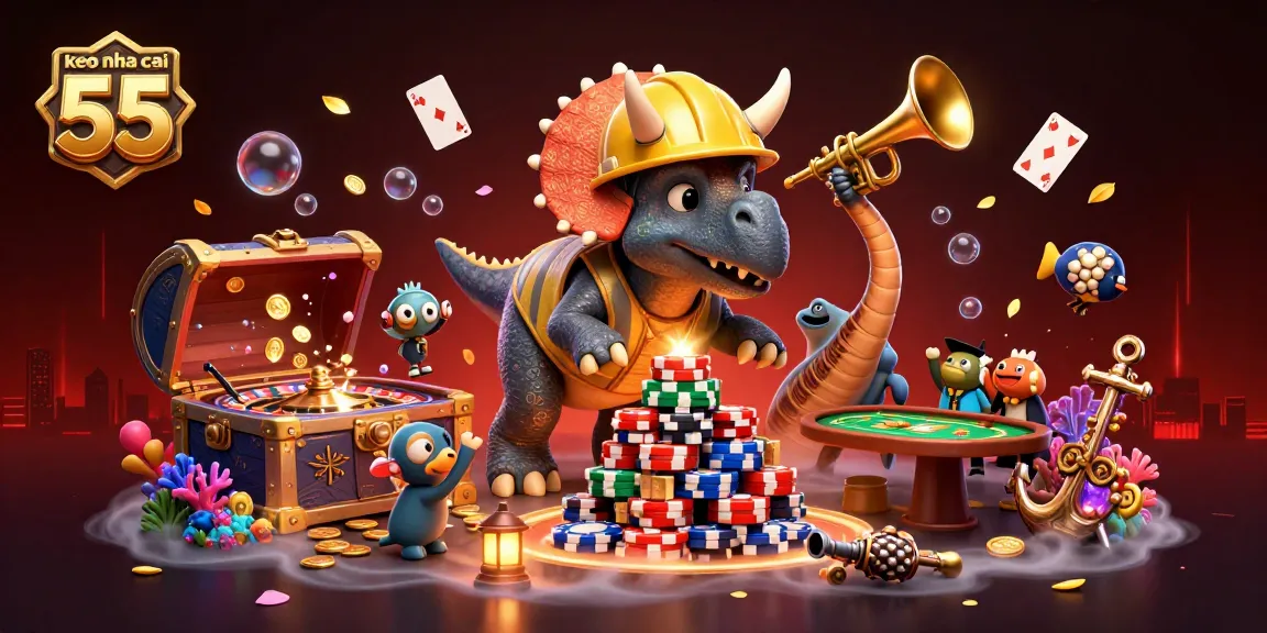 Engage with keo nha cai 55 in a vibrant 3D celebration of casino gaming elements and fun characters.