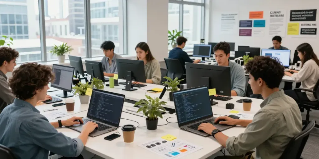 Engaged team of developers optimizing rokok88 website in a modern workspace.