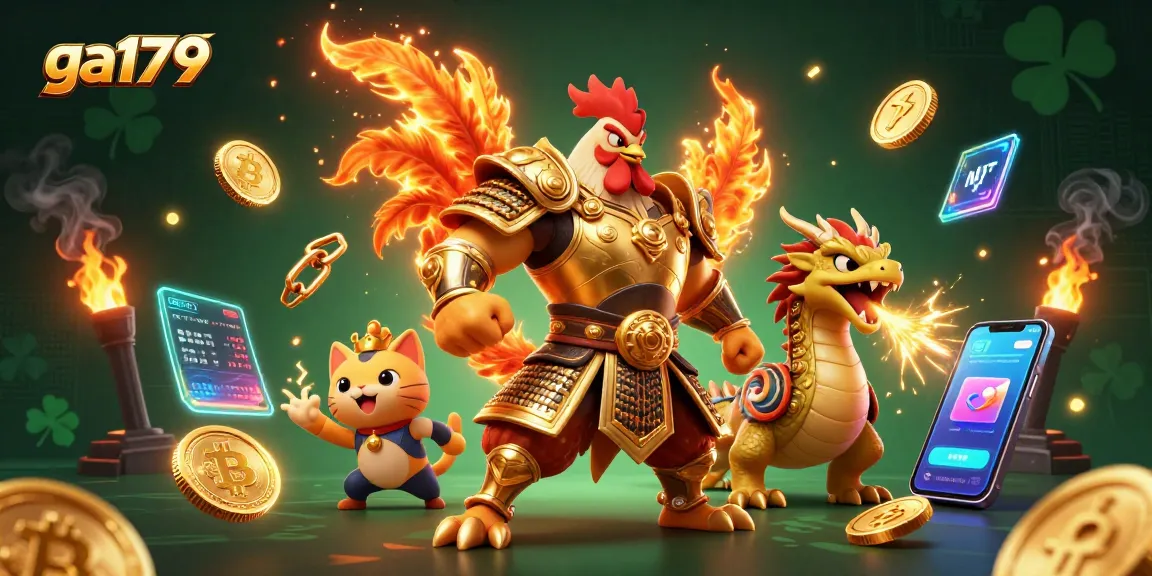 Engage with exhilarating ga179 cockfighting action featuring a warrior rooster and dragon in a vibrant casino setting.