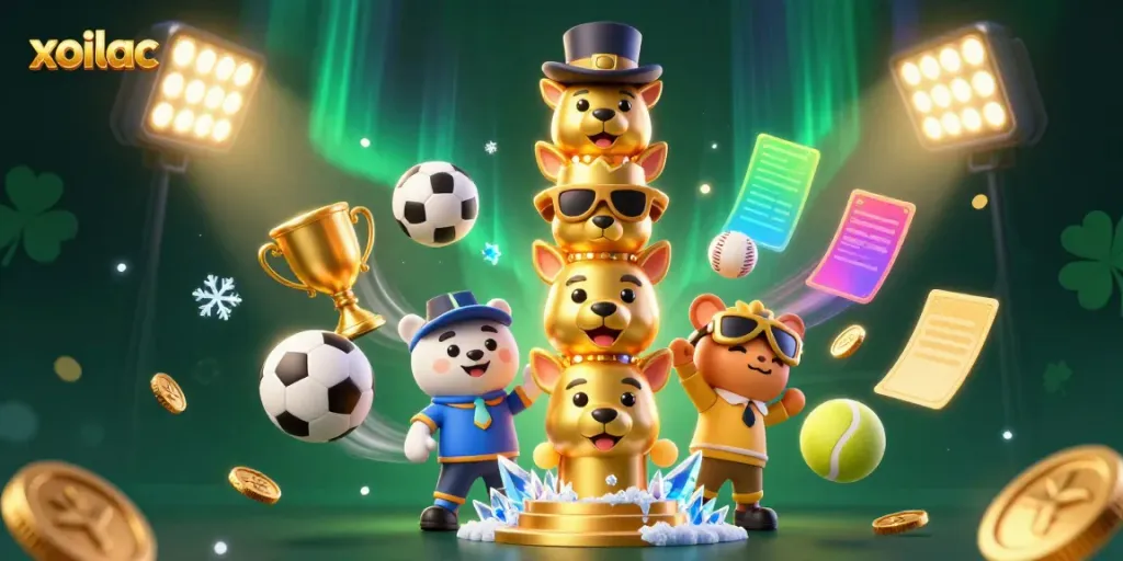 Xoilac features a vibrant totem pole character surrounded by dynamic sports elements, enhancing the online viewing experience.