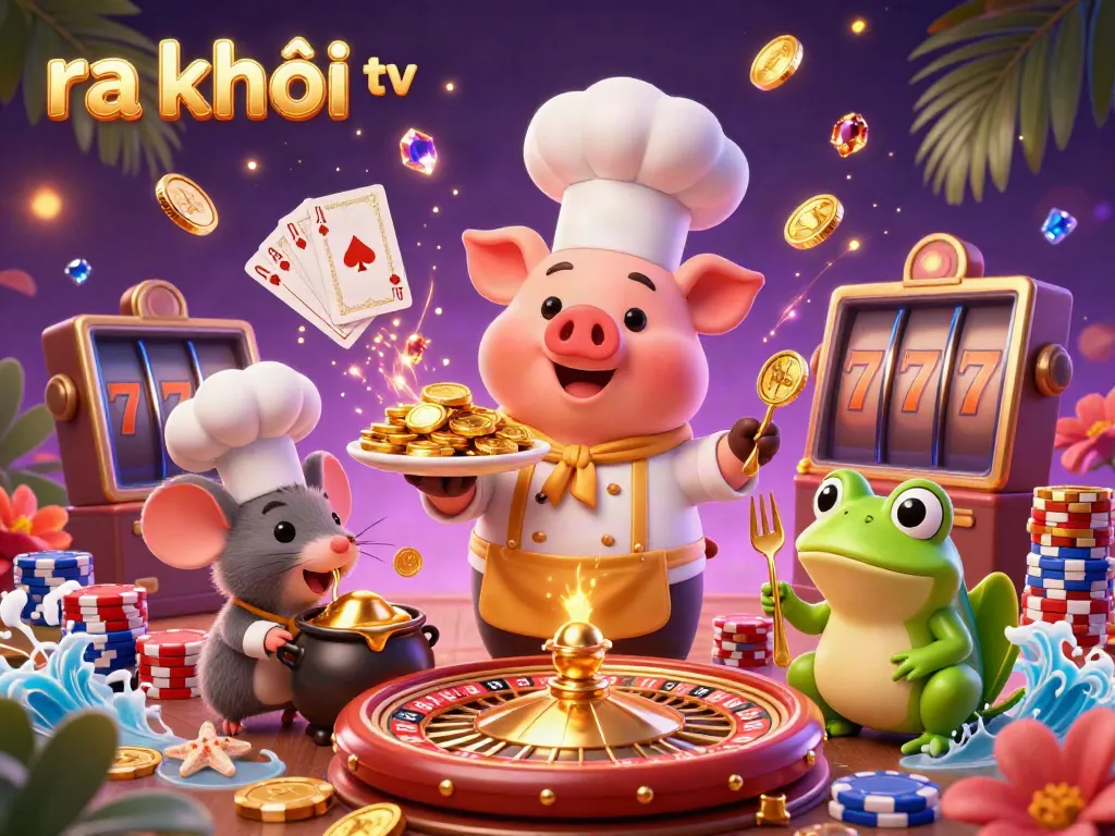 Experience dynamic gambling atmosphere at ra khơi tv with engaging characters, golden coins, and exciting game elements.