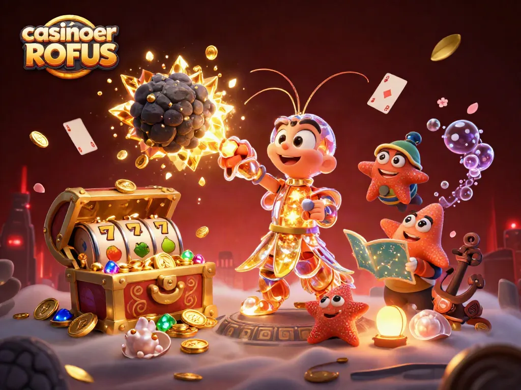 Capture the excitement of casinoer uden ROFUS with a dynamic 3D illustration of a mantis shrimp exploding asteroids for treasures.