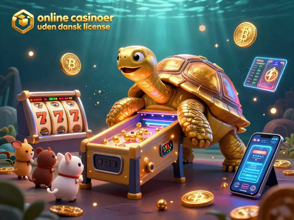 Engage with online casinoer uden dansk licens featuring a giant tortoise pinball machine amidst vibrant casino elements.