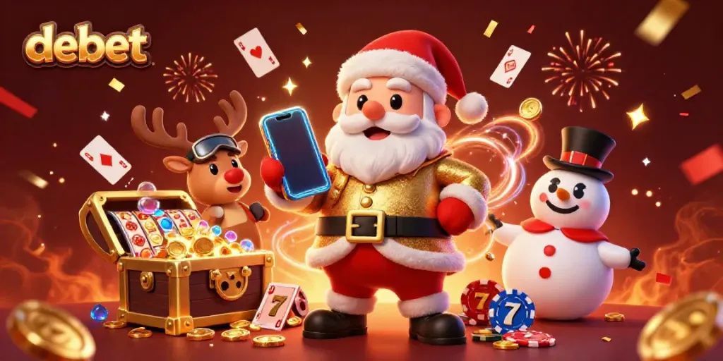 Experience jackpots with debet featuring Santa with casino elements, reindeer dealer, and gaming treasures.