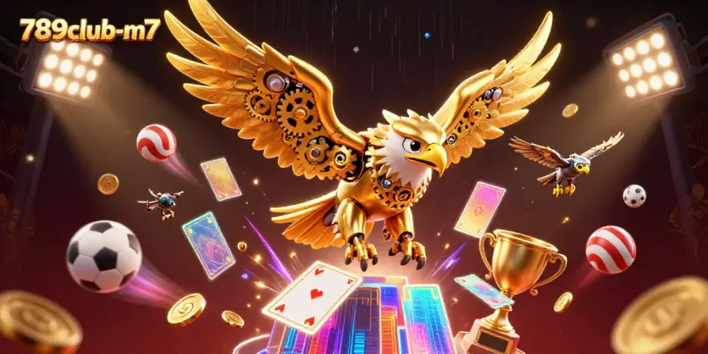 Engaging scene of 789club-m7 featuring a golden eagle and casino elements ensuring players win big.