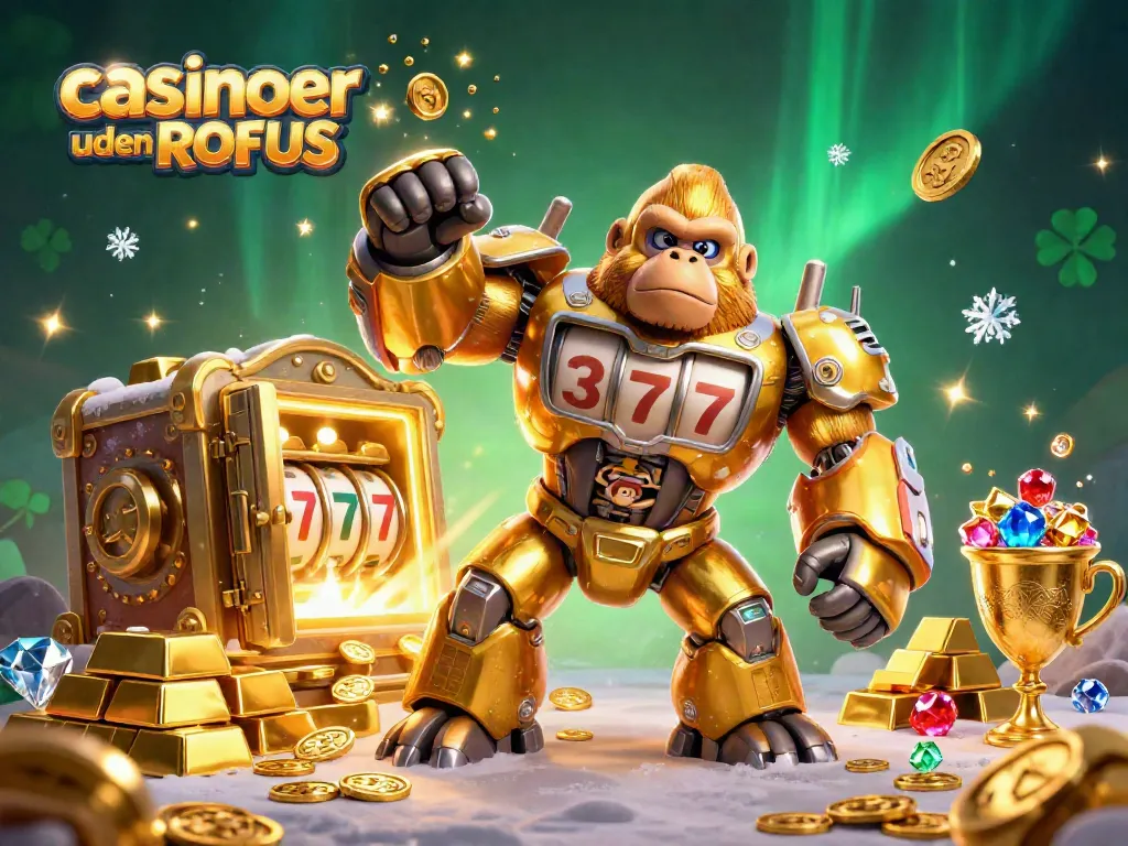 Experience excitement at casinoer uden ROFUS with a dynamic illustration of a golden gorilla mech and treasure.
