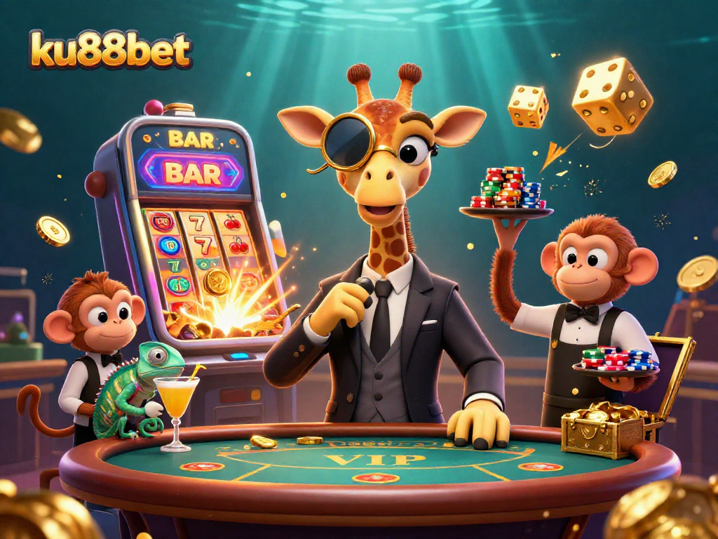 Experience exciting gameplay with ku88bet's vibrant casino scene, featuring a high-roller giraffe and dynamic elements.