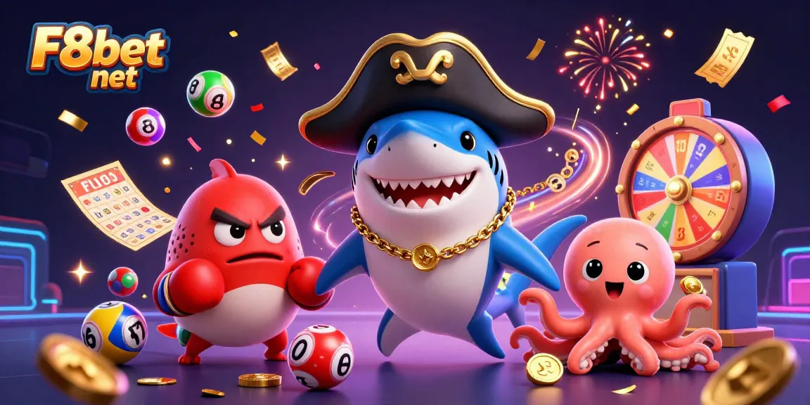 Engage in thrilling games with F8bet net and vibrant lottery elements in a dynamic casino scene.