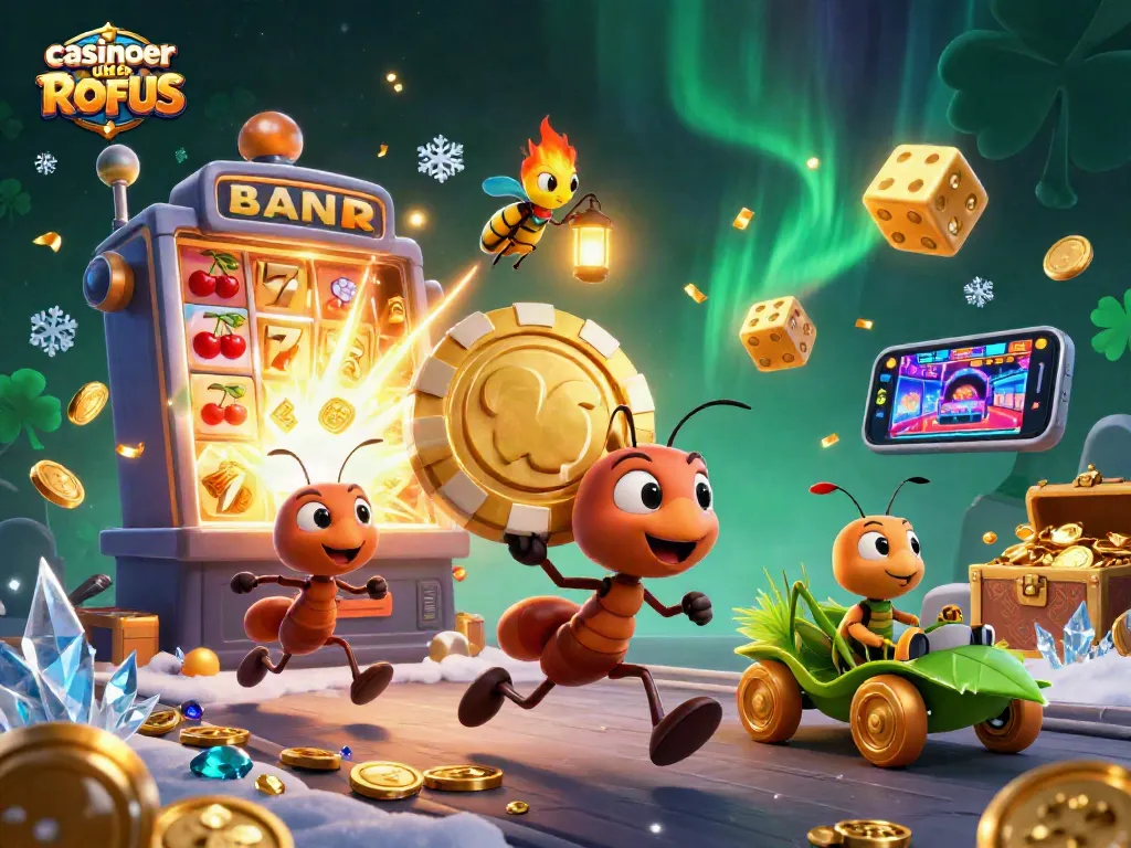 Engaging scene of casinoer uden ROFUS with ants and vibrant gaming elements in a rich illustration.
