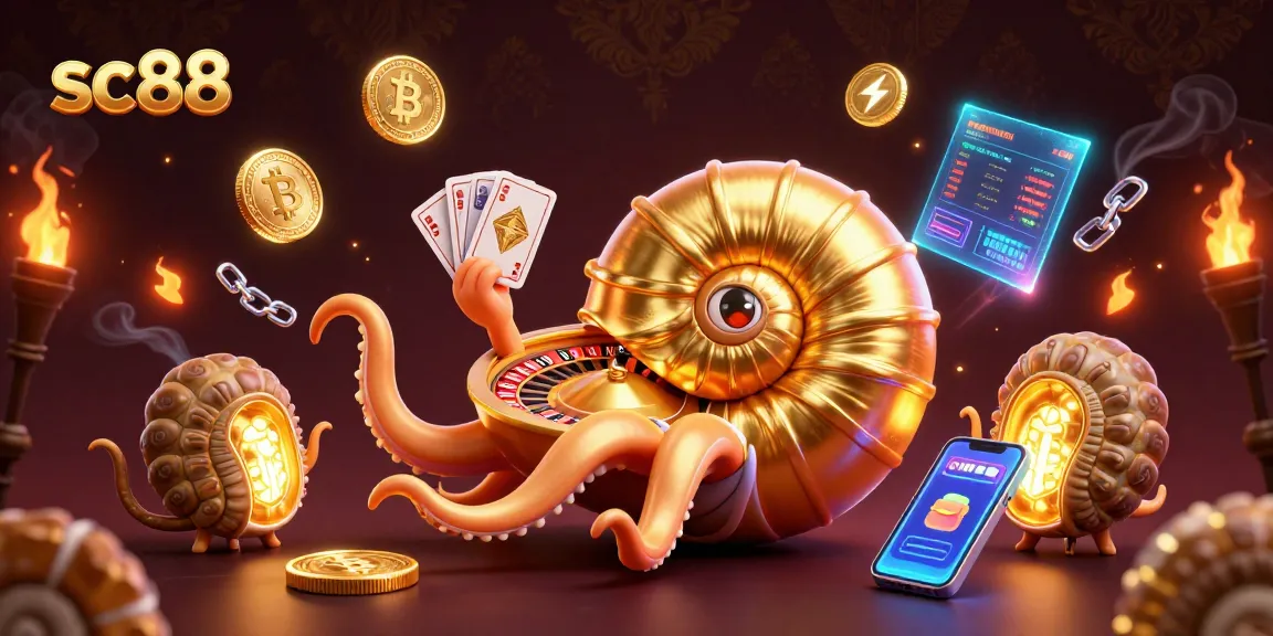 Participate in high-stakes gaming at sc88 with vibrant crypto-themed elements in a packed casino scene.