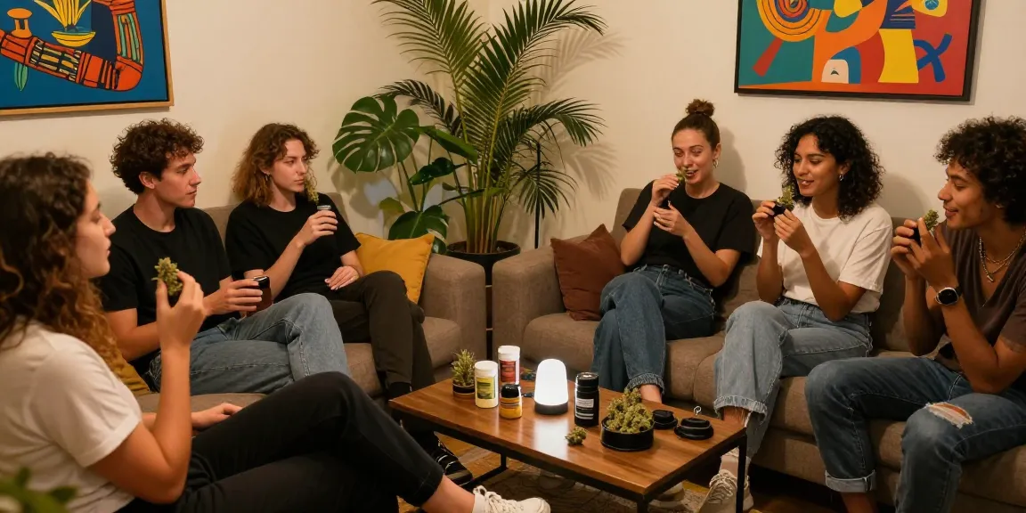 Gemytlig stämning i en cannabisklubb i Barcelona, med medlemmar som njuter av cannabisprodukter; upptäck mer på https://sv.cannabisbcn.com/.
