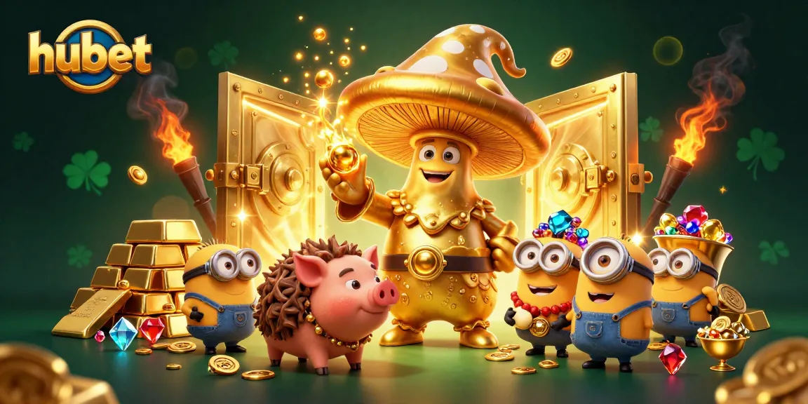 Win prizes with hubet's magical gaming experience and golden treasures in this vibrant illustration.