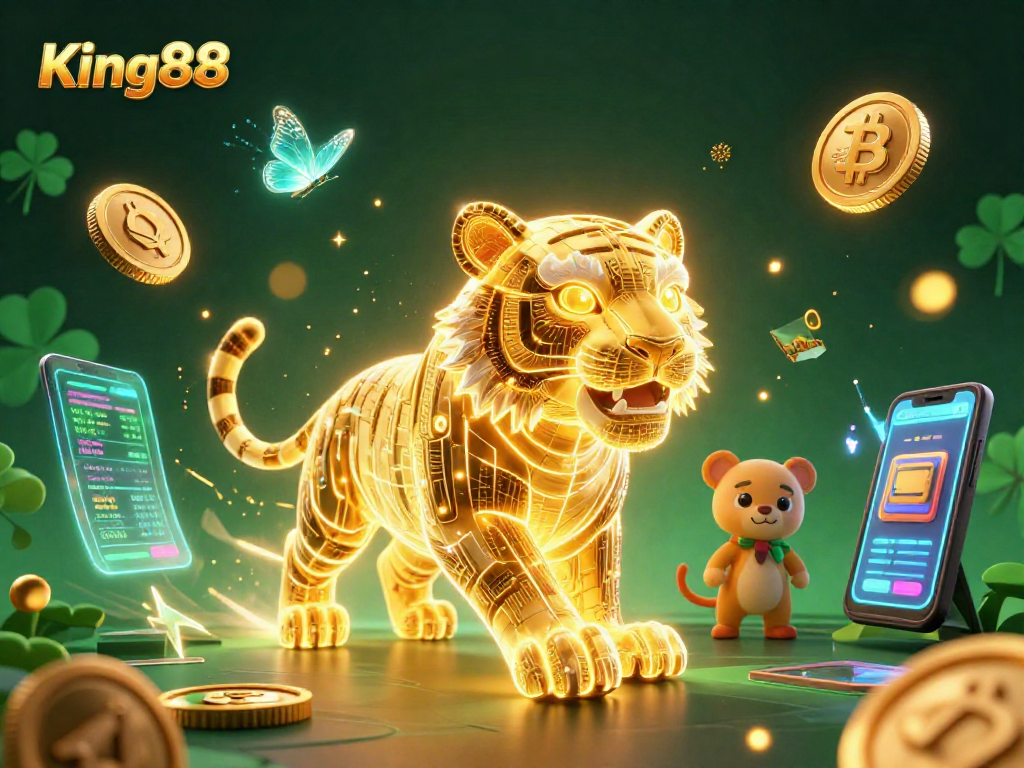 Watch the King88 neon-wireframe tiger navigating a vibrant digital casino filled with cryptocurrency elements.