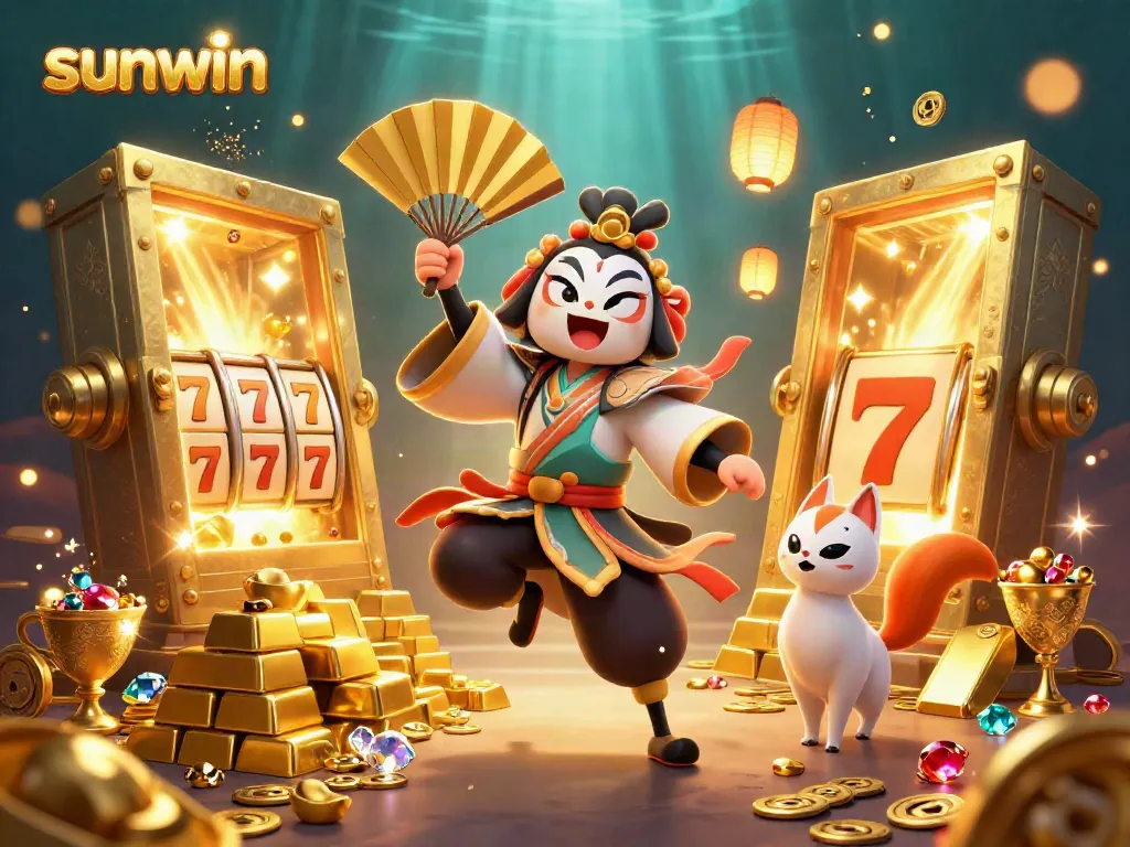 Win big with sunwin in a vibrant 3D casino scene filled with treasures and rich game elements.