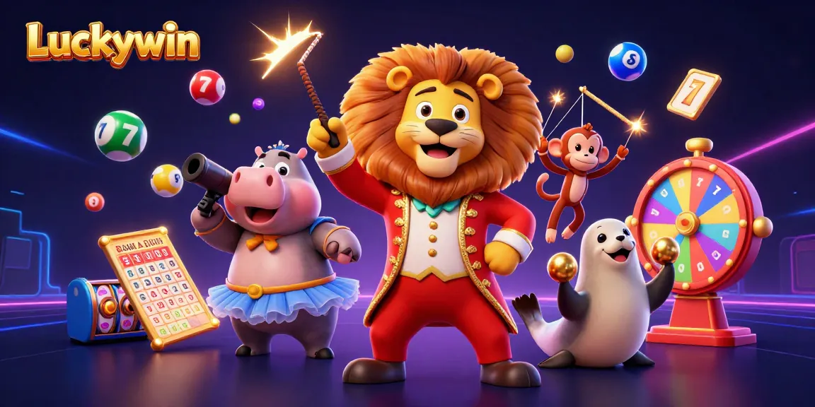 Experience thrilling games at Luckywin, featuring vibrant party elements with animated characters and exciting casino items.
