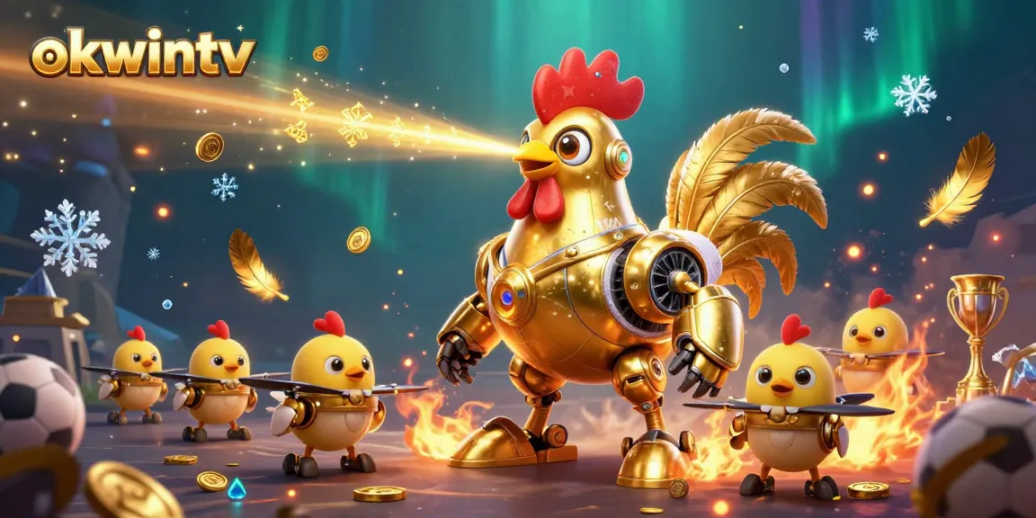 Witness the excitement of okwintv as a golden rooster robot shoots lasers among sports betting elements.