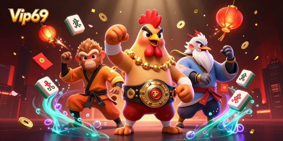 Vip69 enhances the thrill of gaming with a vibrant 3D illustration of a rooster, monkey, and crane celebrating casino wins.
