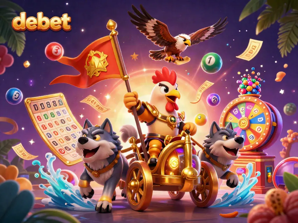 Experience winning excitement with debet's vibrant casino scene featuring a rooster warlord and dynamic game elements.