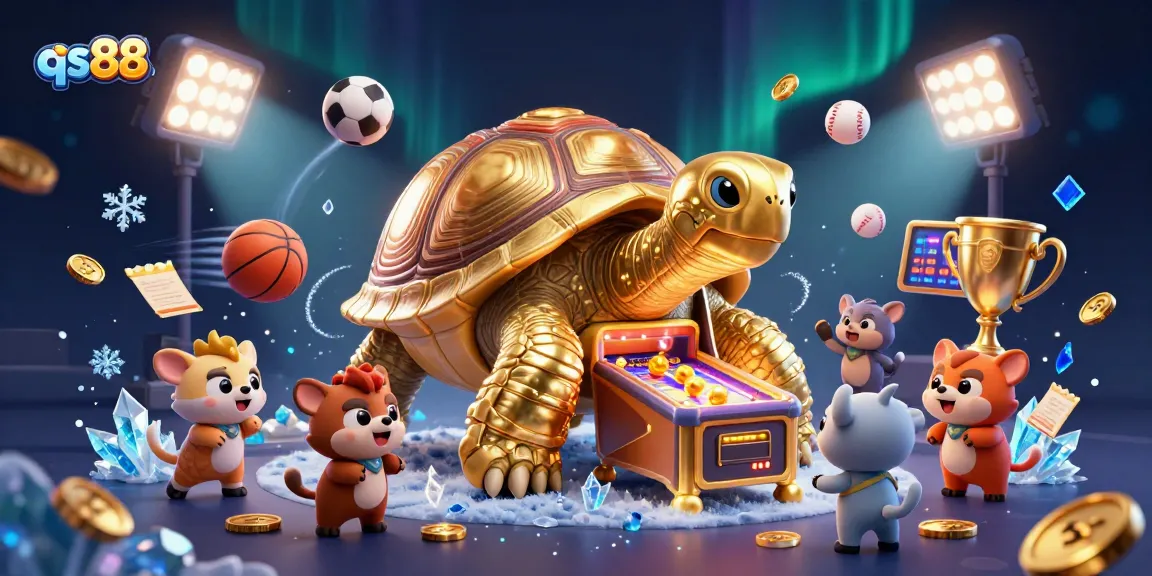 Experience the excitement with qs88's thrilling gaming atmosphere, showcasing colorful sports elements and a unique pinball tortoise.
