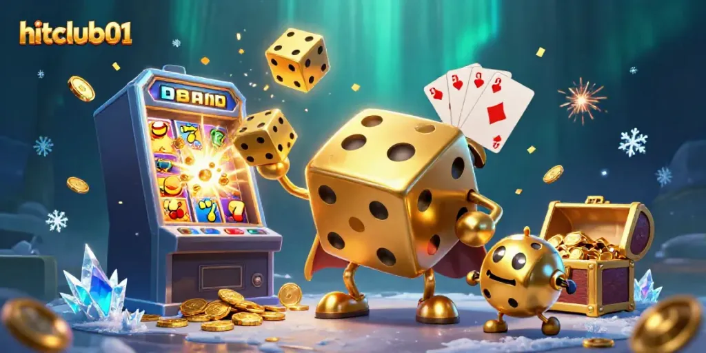 Experience the thrill of hitclub01 with an exciting illustration of a golden dice golem juggling casino elements.