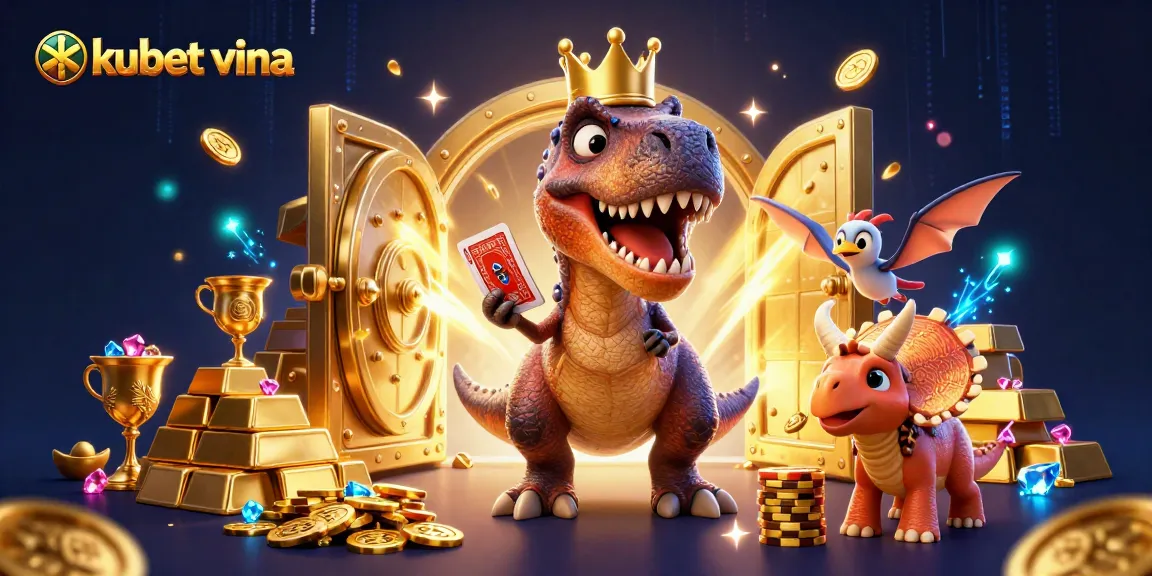 Engaging kubet vina illustration featuring a T-Rex with cards and treasure in a vibrant casino setting.