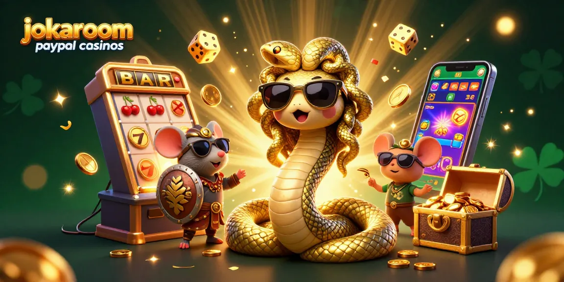 Experience the winning thrill at jokaroom paypal casinos with a vibrant 3D illustration of Medusa and a warrior mouse amidst casino elements.
