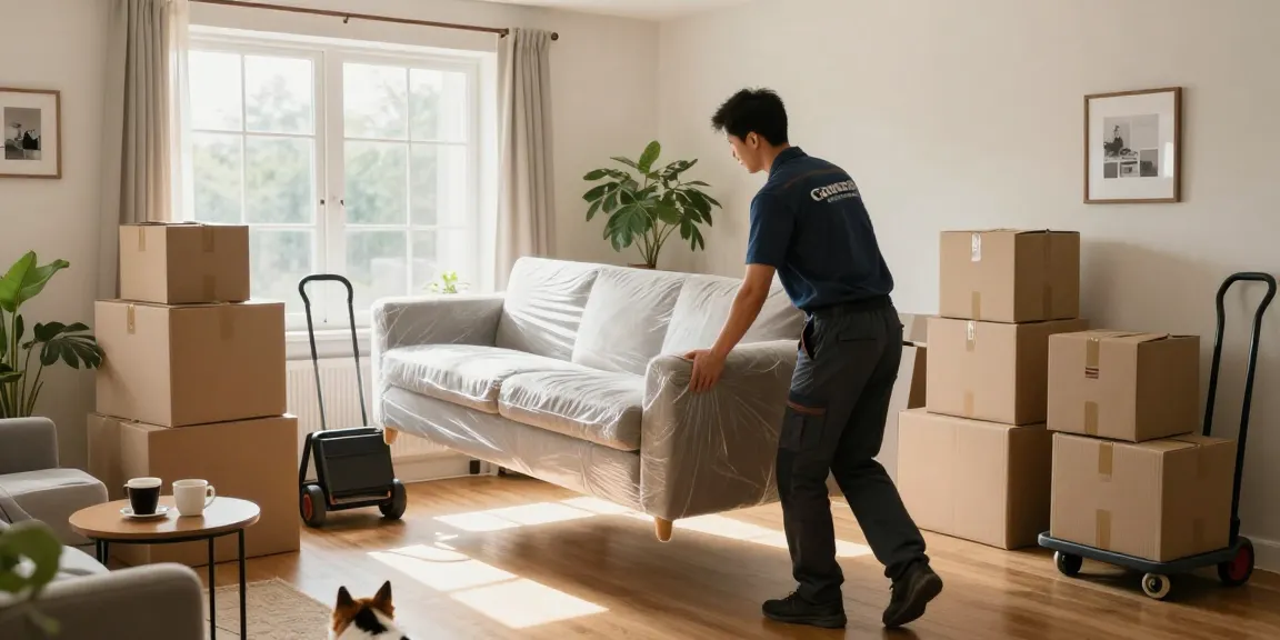 Professional mover lifting furniture during a move with Flyttebyrå, showcasing organized moving scene