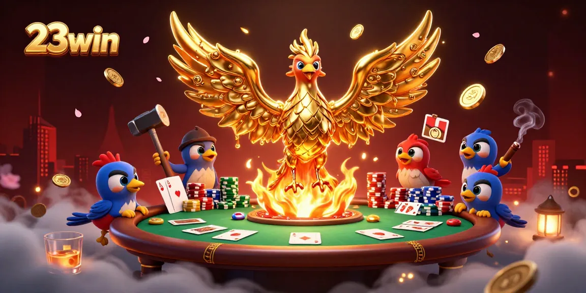 Experience the thrill of 23win at the poker table with a golden phoenix and vibrant game elements.
