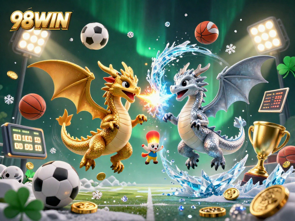Join 98WIN to unleash winning strategies with exhilarating sports betting action illustrated with vibrant dragons.