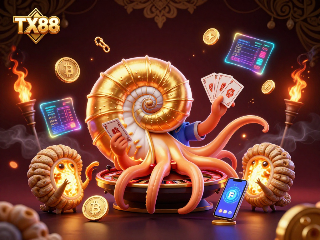 Experience exhilarating gameplay at TX88 with a 3D nautilus roulette wheel and crypto elements.