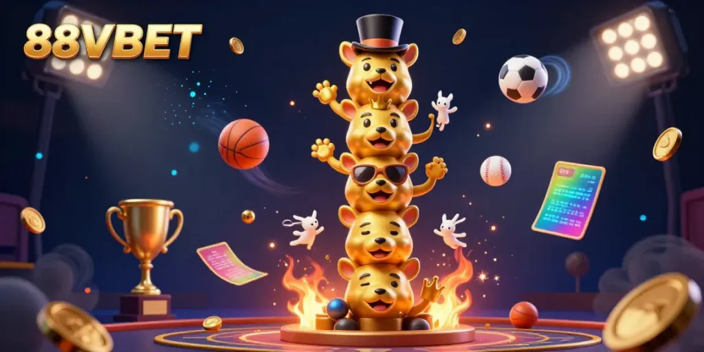 Experience the thrill of 88VBET with dynamic casino-themed illustration showcasing vibrant sports elements and a golden totem pole.