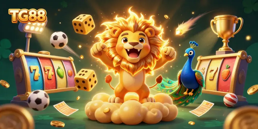 TG88 captivates with a 3D cartoon sun lion triumphantly roaring amidst slot reels and sports balls, crafting a vibrant casino scene.