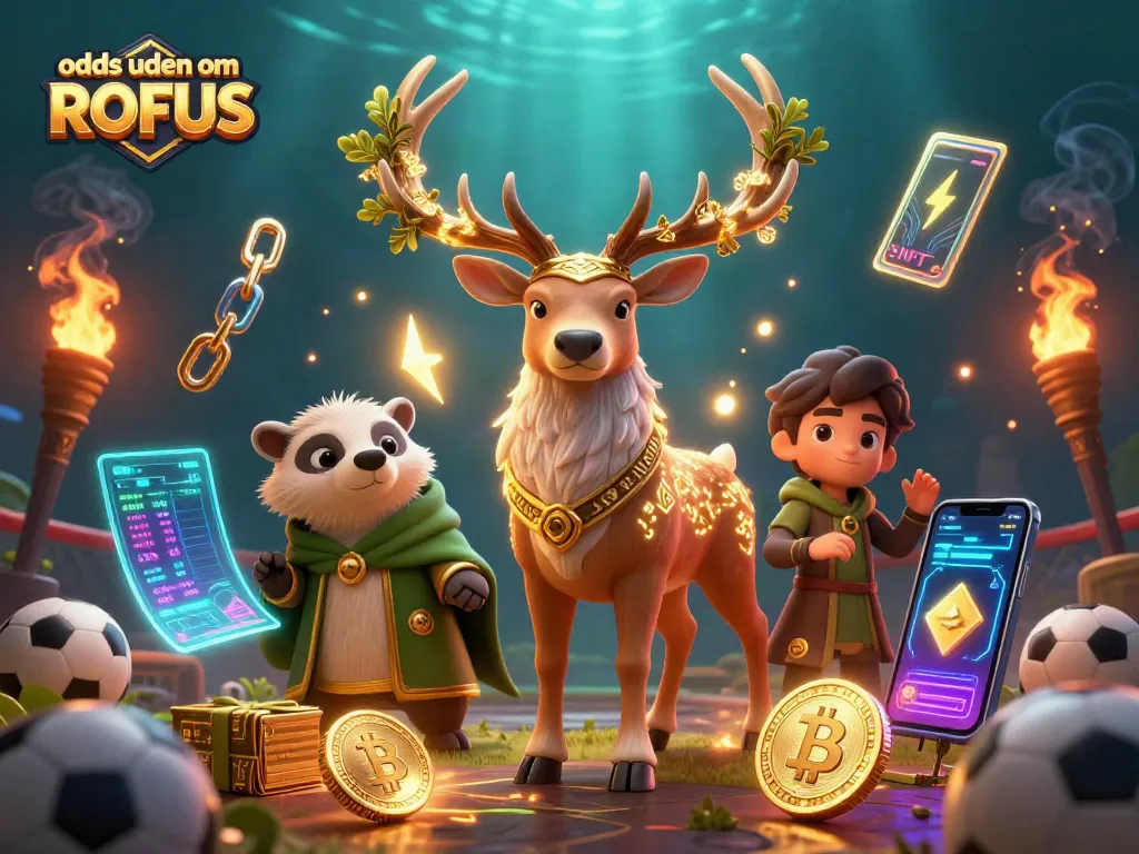 Place bets and explore odds uden om ROFUS with dynamic visuals of sports betting elements and cryptocurrency.