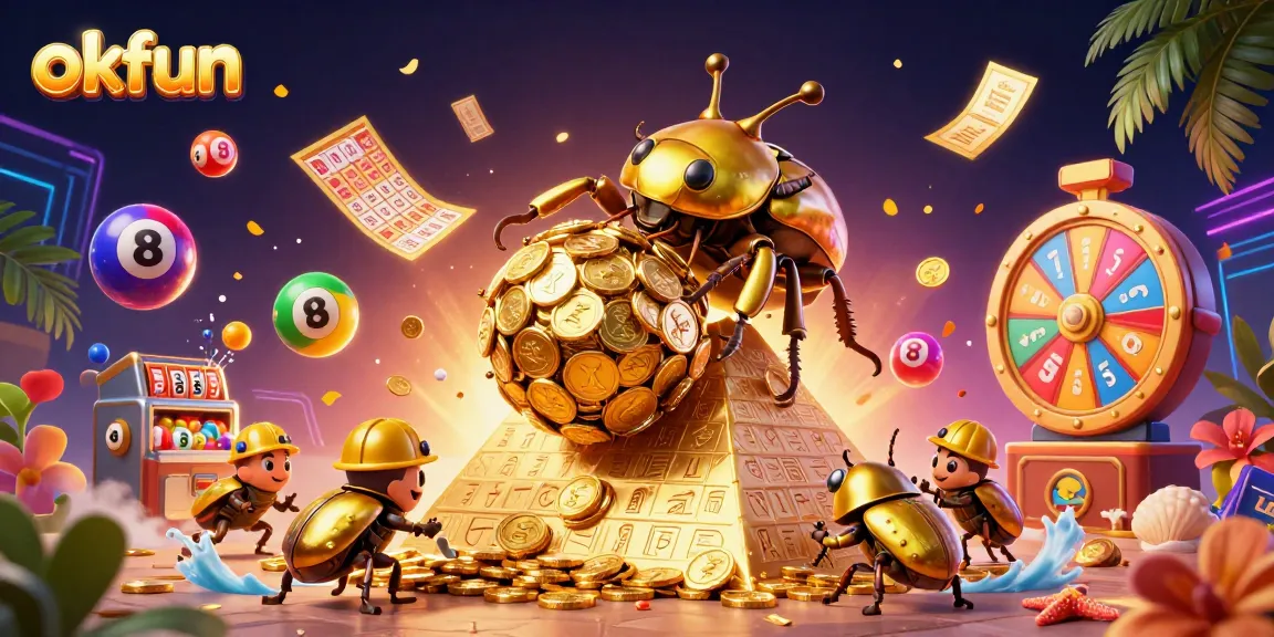Spin the exciting games at okfun with vivid casino elements and characters in a dynamic 3D illustration.