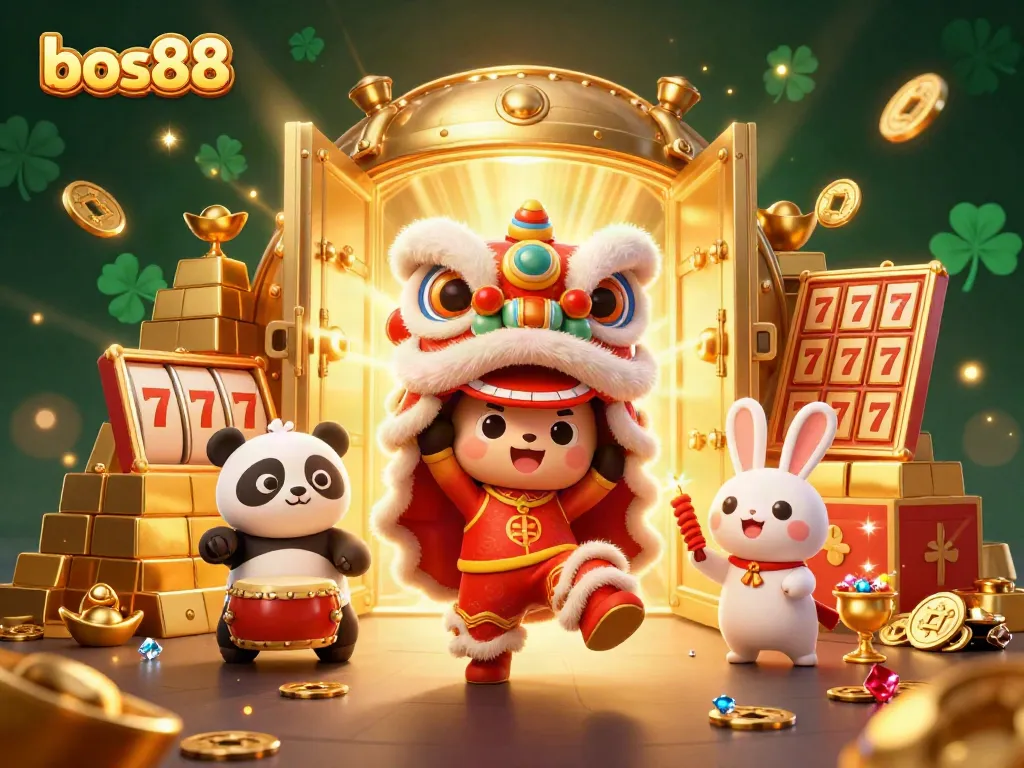 Experience the exciting world of bos88 with this vibrant 3D illustration showcasing a colorful lion dance, slot reels, and sparkling treasures.