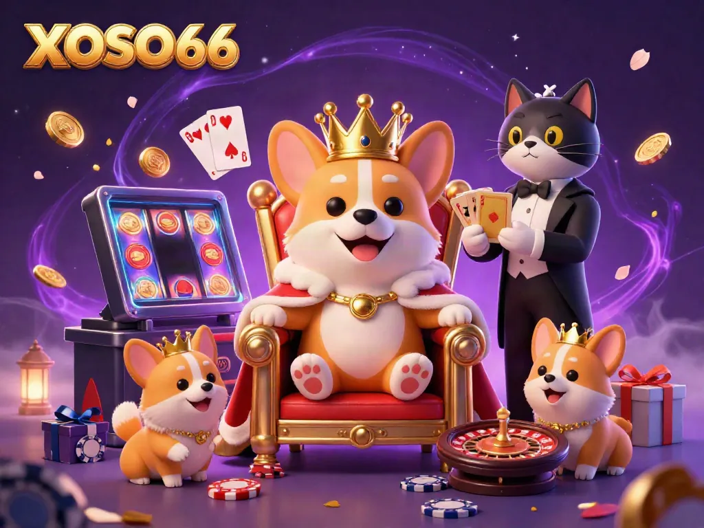 XOSO66 showcases a lively 3D scene of a royal corgi on a poker chip throne, surrounded by gaming elements.
