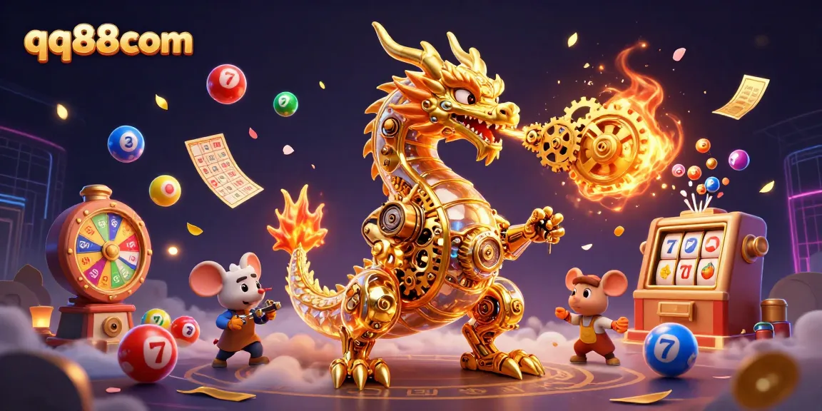 Engage with the thrilling world of qq88com casino games featuring dynamic elements like a golden dragon and colorful lottery balls.
