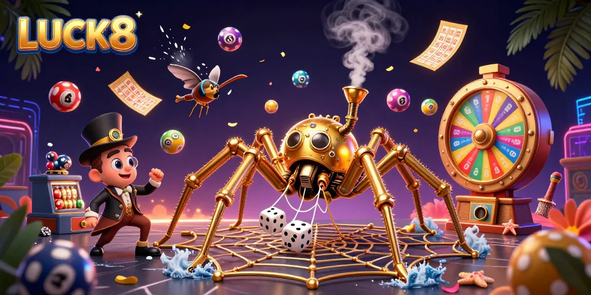 LUCK8 spins vibrant lottery balls and golden treasures in a whimsical steampunk scene.
