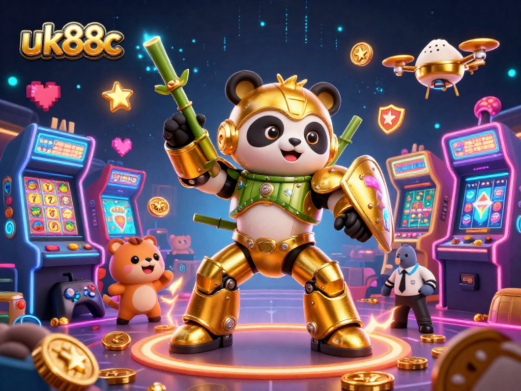 Engage with the vibrant action of uk88c gaming featuring a mech-suit panda in a busy casino arena.
