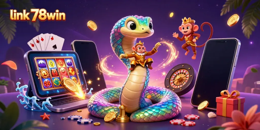 Experience thrill at link 78win with vibrant characters and casino games in dynamic illustration.