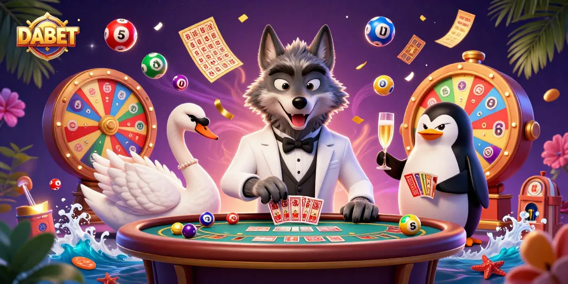 DABET showcases a vibrant casino scene with a cartoon wolf and swan dealing cards, featuring colorful lottery elements.