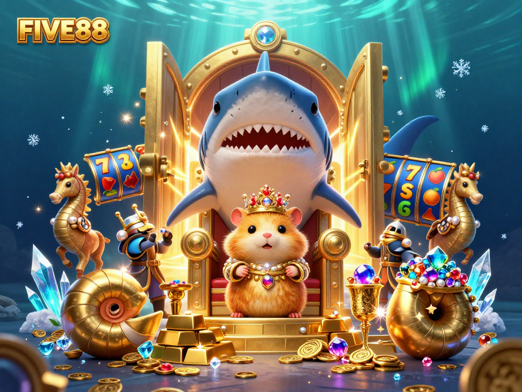 Engage with FIVE88's exciting slots scene featuring a golden hamster king amidst treasures and vibrant elements.