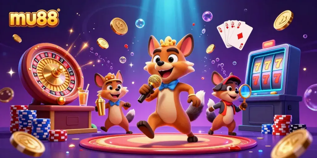 Experience the excitement of mu88 with lively hyenas in a vibrant casino scene featuring hilarious comedy and thrilling games.