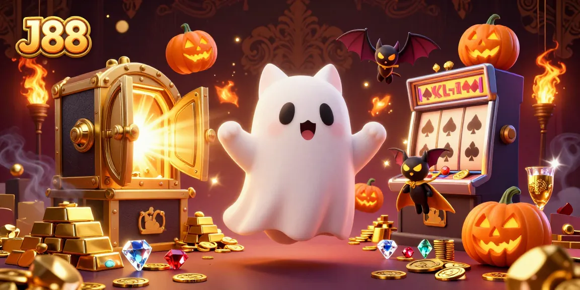 Experience the thrilling J88 online casino adventure with a ghost cat and bat, illuminating treasures.
