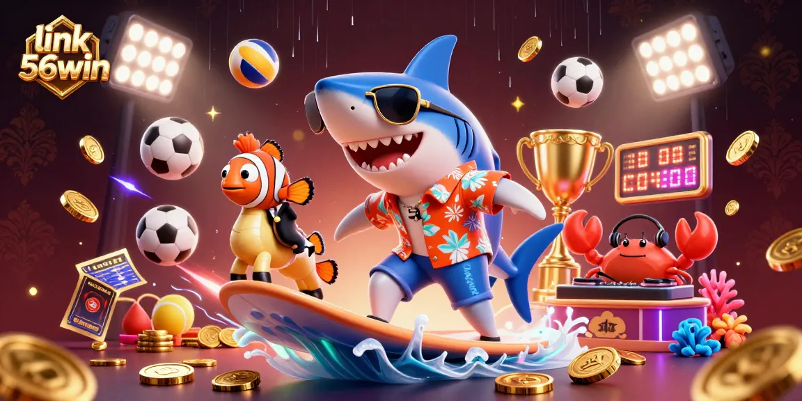 Surf the thrill with link 56win | A vibrant 3D illustration of animated casino and sports-themed characters.