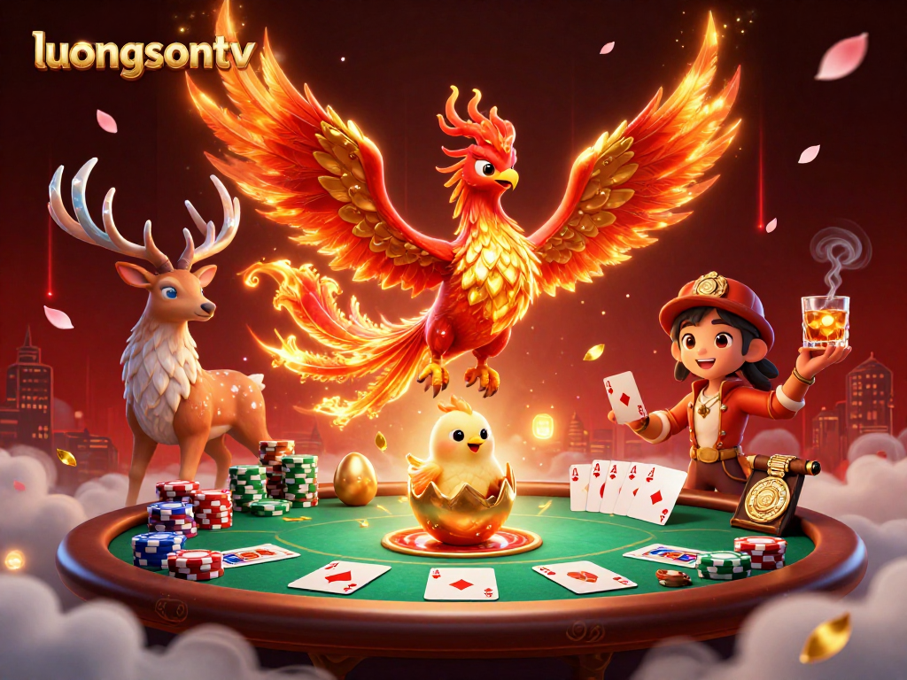 Experience thrilling moments with luongsontv's vibrant casino scene featuring a phoenix and poker elements.